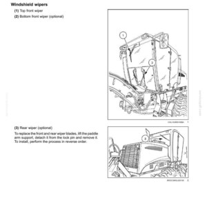 May include: Diagram illustrating a tractor's windscreen washer system, showing the top front wiper, optional bottom front wiper, and rear wiper. Includes instructions for replacing wiper blades.