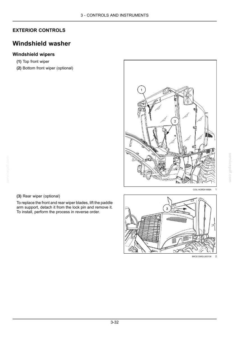 May include: Diagram illustrating a tractor's windscreen washer system, showing the top front wiper, optional bottom front wiper, and rear wiper. Includes instructions for replacing wiper blades.