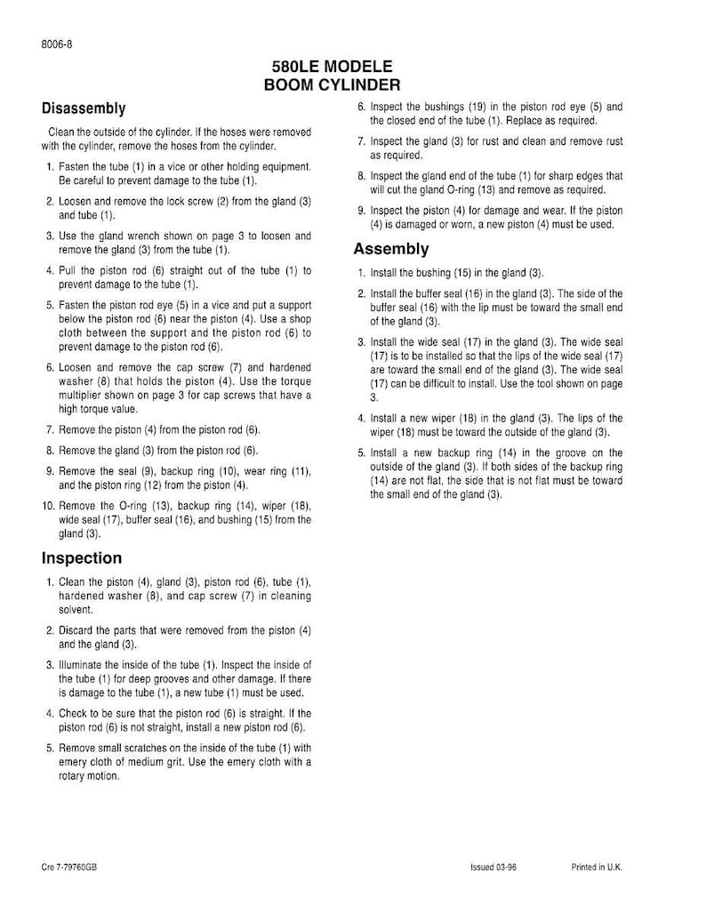 May include: A detailed technical manual page for the 580LE MODELE BOOM CYLINDER, featuring disassembly, inspection, and assembly instructions. Includes diagrams and step-by-step procedures for maintenance and repair.