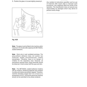 May include: Diagram of glass assembly with text instructions. The image shows a curved glass panel being installed by two figures using suction cups. Text includes a warning and notes about sealant and safety.
