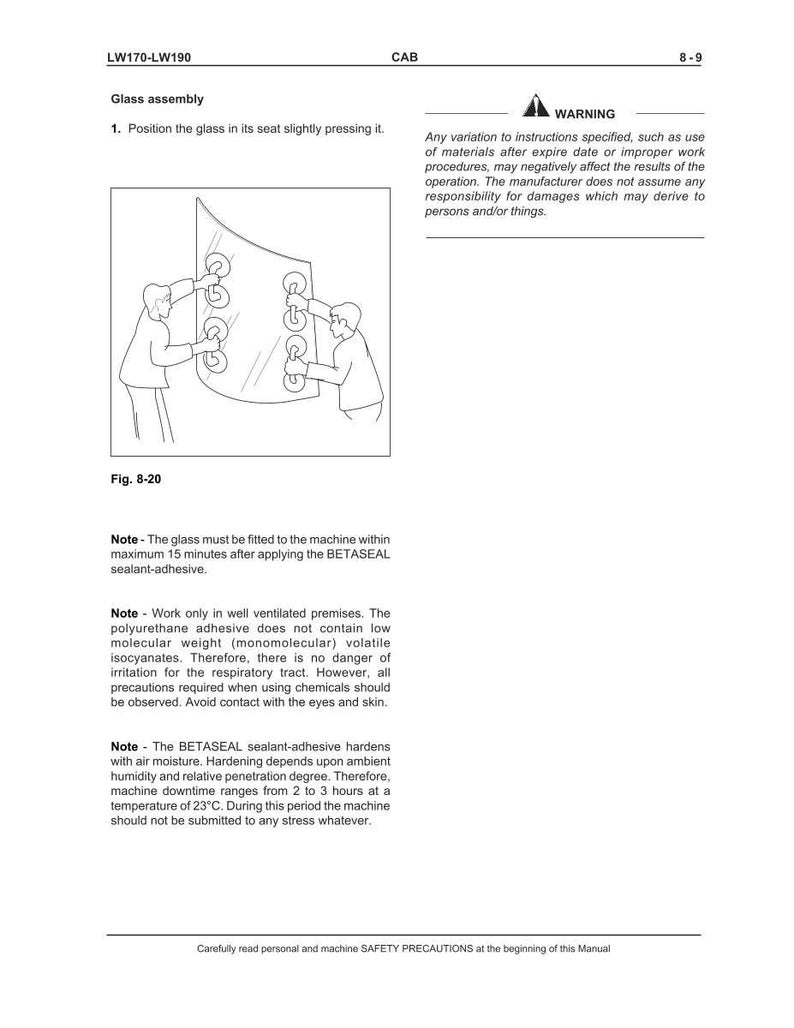 May include: Diagram of glass assembly with text instructions. The image shows a curved glass panel being installed by two figures using suction cups. Text includes a warning and notes about sealant and safety.