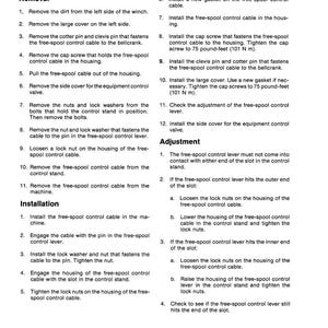 May include: A detailed technical document titled "FREE-SPOOL CONTROL CABLE" with instructions for removal, installation, and adjustment. The text is black on a white background, with numbered steps and sub-steps for clarity. Includes measurements in pound-feet and Newton meters.