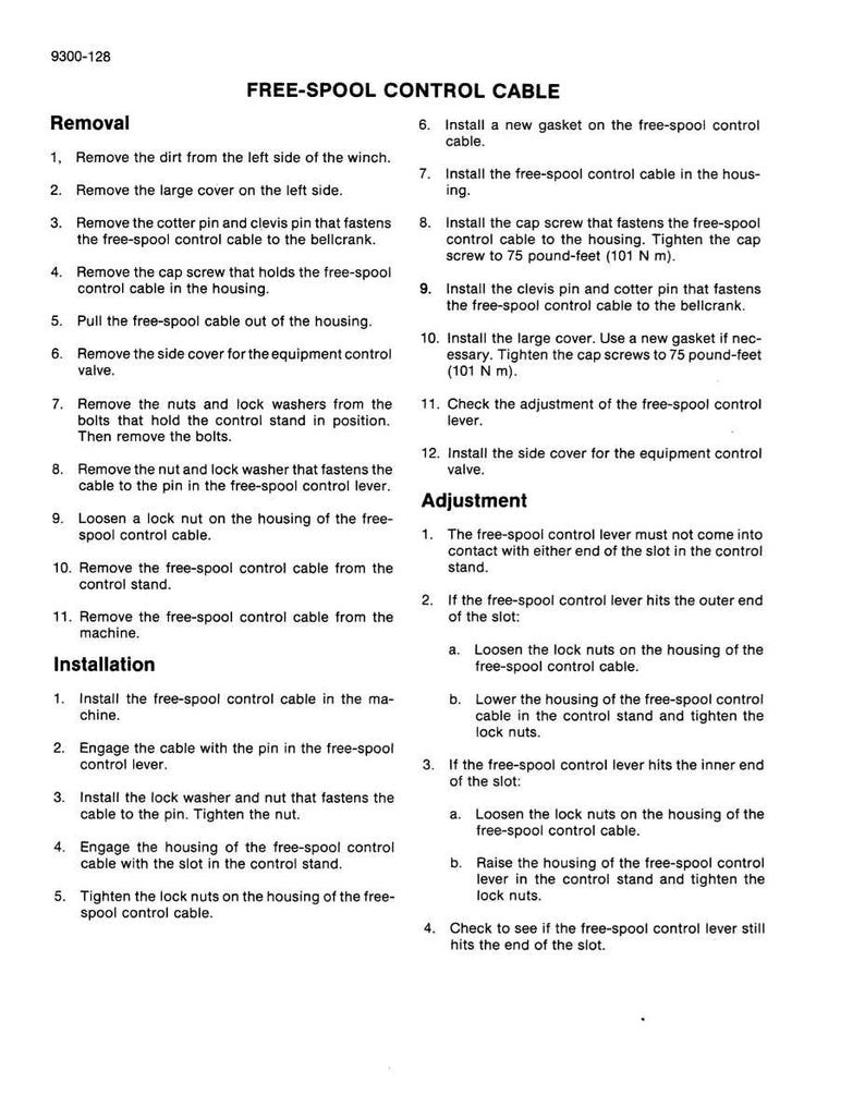 May include: A detailed technical document titled "FREE-SPOOL CONTROL CABLE" with instructions for removal, installation, and adjustment. The text is black on a white background, with numbered steps and sub-steps for clarity. Includes measurements in pound-feet and Newton meters.