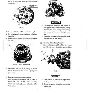 Op de afbeelding: Een pagina uit een technisch handboek getiteld Disassembly of Carrier en Removal and Disassembly of Differential. Het bevat vier zwart-wit diagrammen gelabeld Fig. 3-3, 3-4, 3-5 en 3-6, die mechanische onderdelen en instructies tonen.