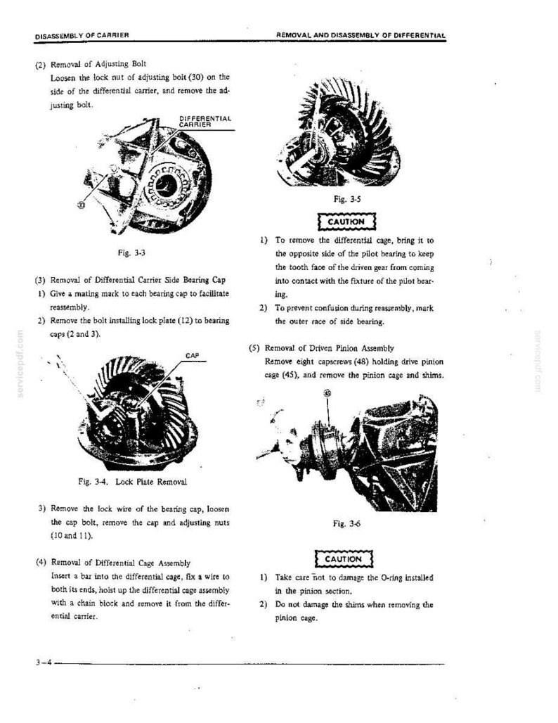 Op de afbeelding: Een pagina uit een technisch handboek getiteld Disassembly of Carrier en Removal and Disassembly of Differential. Het bevat vier zwart-wit diagrammen gelabeld Fig. 3-3, 3-4, 3-5 en 3-6, die mechanische onderdelen en instructies tonen.