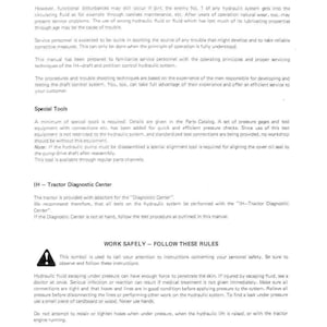 Puede incluir: P&aacute;gina de manual con el t&iacute;tulo "INTRODUCTION" y el logotipo de IH. El texto describe el mantenimiento del sistema hidr&aacute;ulico, herramientas especiales e instrucciones de seguridad. Incluye advertencias sobre el fluido hidr&aacute;ulico a presi&oacute;n.