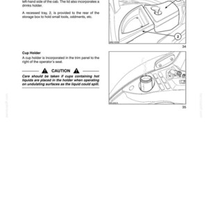 May include: A technical manual page titled SECTION 2 - CONTROLS, INSTRUMENTS, AND OPERATION. It features two line-art diagrams showing an in-cab storage box with a hinged lid and a cup holder, accompanied by instructional text and a caution warning.