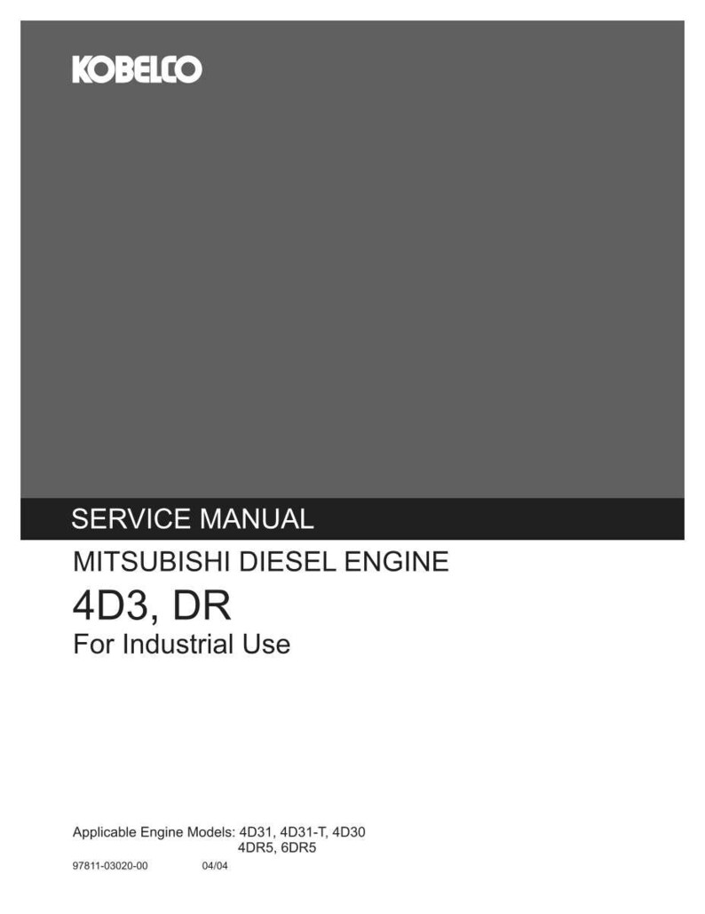 May include: A gray and white Kobelco service manual for a Mitsubishi diesel engine, models 4D3 and DR for industrial use. The cover lists applicable engine models 4D31, 4D31-T, 4D30, 4DR5, and 6DR5, with the part number 97811-03020-00 and date 04/04.