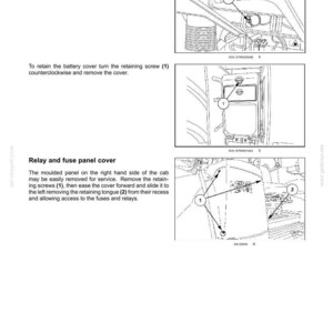 Puede incluir: Una p&aacute;gina de manual de mantenimiento titulada 7-MAINTENANCE con tres dibujos lineales en blanco y negro. Los diagramas ilustran los pasos para elevar un escal&oacute;n, retirar una tapa de bater&iacute;a y acceder a un panel de rel&eacute;s y fusibles con componentes numerados.