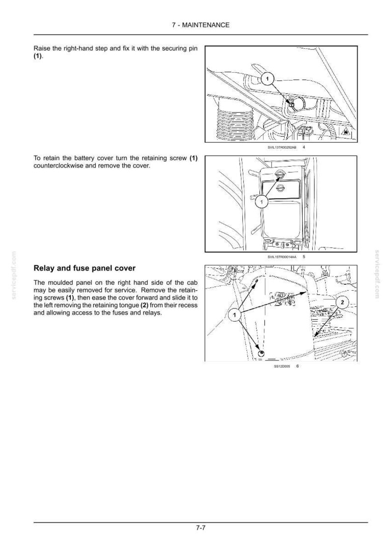 Puede incluir: Una p&aacute;gina de manual de mantenimiento titulada 7-MAINTENANCE con tres dibujos lineales en blanco y negro. Los diagramas ilustran los pasos para elevar un escal&oacute;n, retirar una tapa de bater&iacute;a y acceder a un panel de rel&eacute;s y fusibles con componentes numerados.