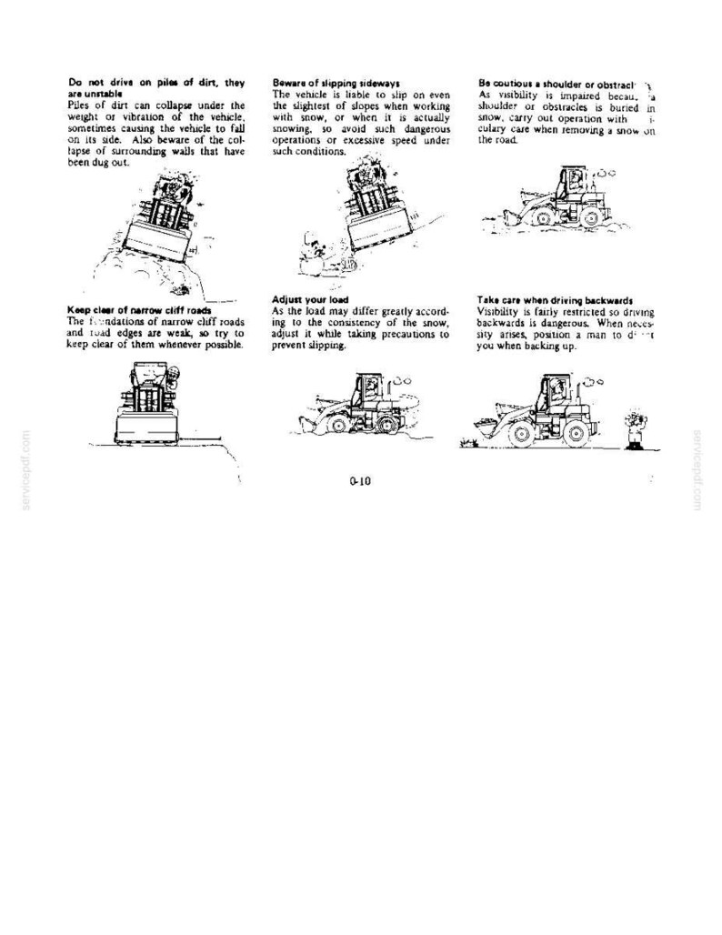 May include: A black and white instructional page labeled 0-10 featuring six illustrations of a construction vehicle. The text provides safety warnings regarding driving on dirt piles, slopes, snow, narrow cliff roads, load adjustment, and backing up.