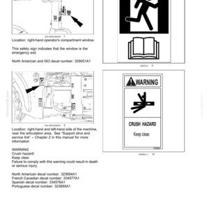 以下が含まれることがあります： 2-SAFETY INFORMATIONと題された技術マニュアルのページで、2つの安全デカールが掲載されています。1つ目は非常口の図と開いた本、2つ目は警告三角形、挟み込みの危険を示すシンボル、およびWARNING CRUSH HAZARD Keep clearというテキストが表示されています。