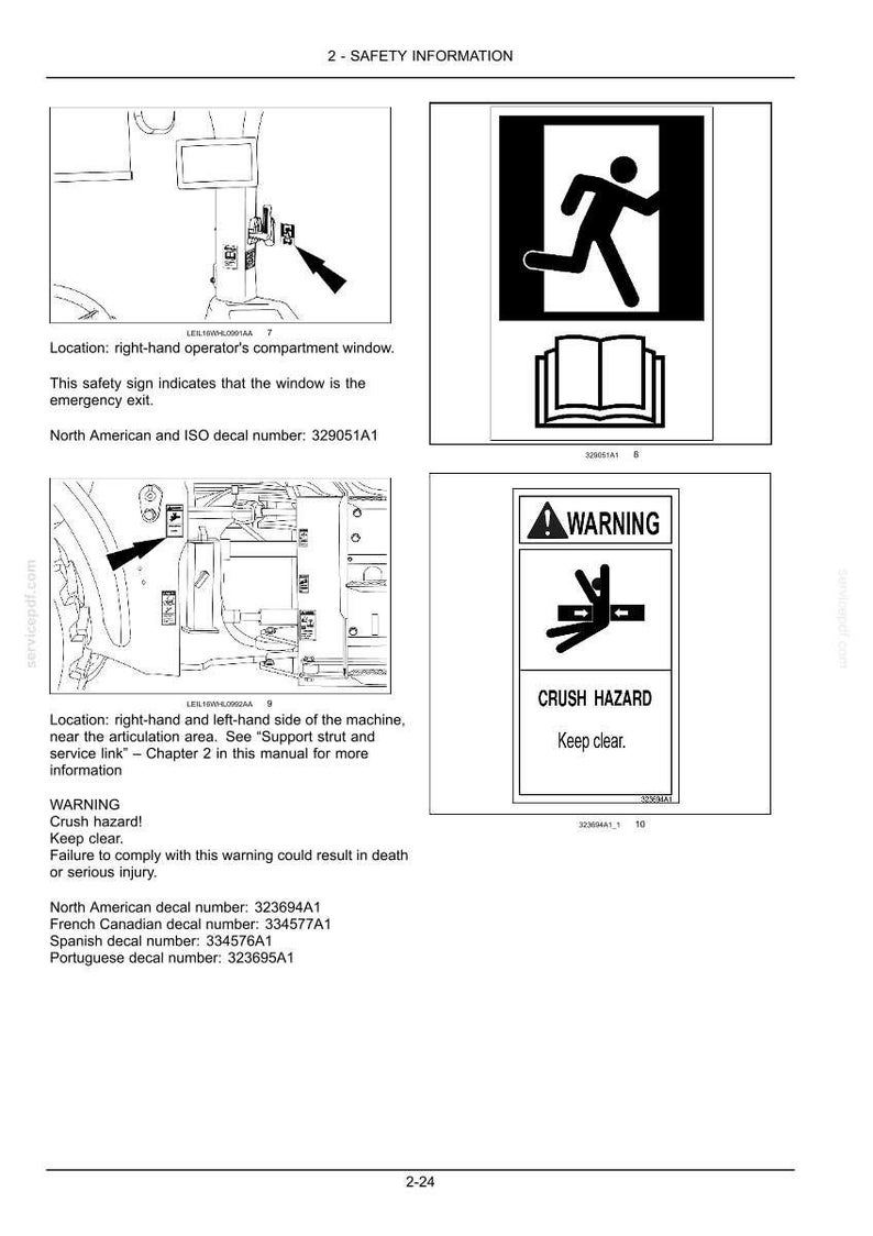 以下が含まれることがあります： 2-SAFETY INFORMATIONと題された技術マニュアルのページで、2つの安全デカールが掲載されています。1つ目は非常口の図と開いた本、2つ目は警告三角形、挟み込みの危険を示すシンボル、およびWARNING CRUSH HAZARD Keep clearというテキストが表示されています。