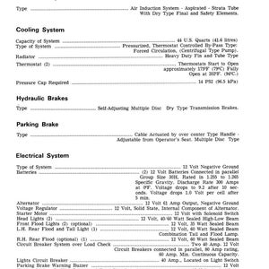 May include: A detailed specification sheet for a tractor, featuring sections on the air intake, cooling, hydraulic brakes, parking brake, and electrical systems. Includes measurements in U.S. quarts, PSI, and voltage details.