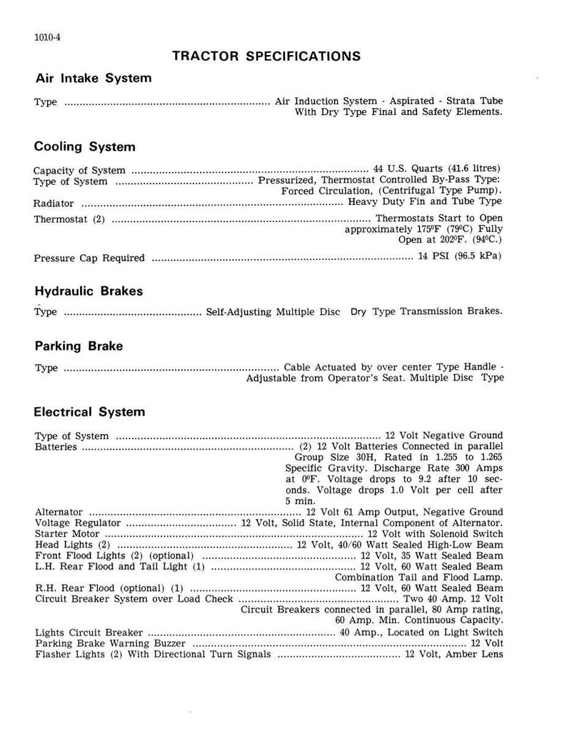 May include: A detailed specification sheet for a tractor, featuring sections on the air intake, cooling, hydraulic brakes, parking brake, and electrical systems. Includes measurements in U.S. quarts, PSI, and voltage details.
