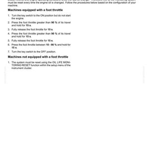 May include: White page with black text detailing Diesel Particulate Filter (DPF) exhaust treatment instructions. Includes steps for machines with and without a foot throttle, such as turning the key switch and pressing the foot throttle.