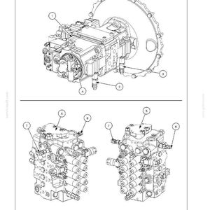 May include: Diagram of hydraulic systems, including a hydraulic pump, pressure ports, and control valve. The image is labeled with numbers and text, providing detailed information about the components and their functions. The diagram is in black and white.