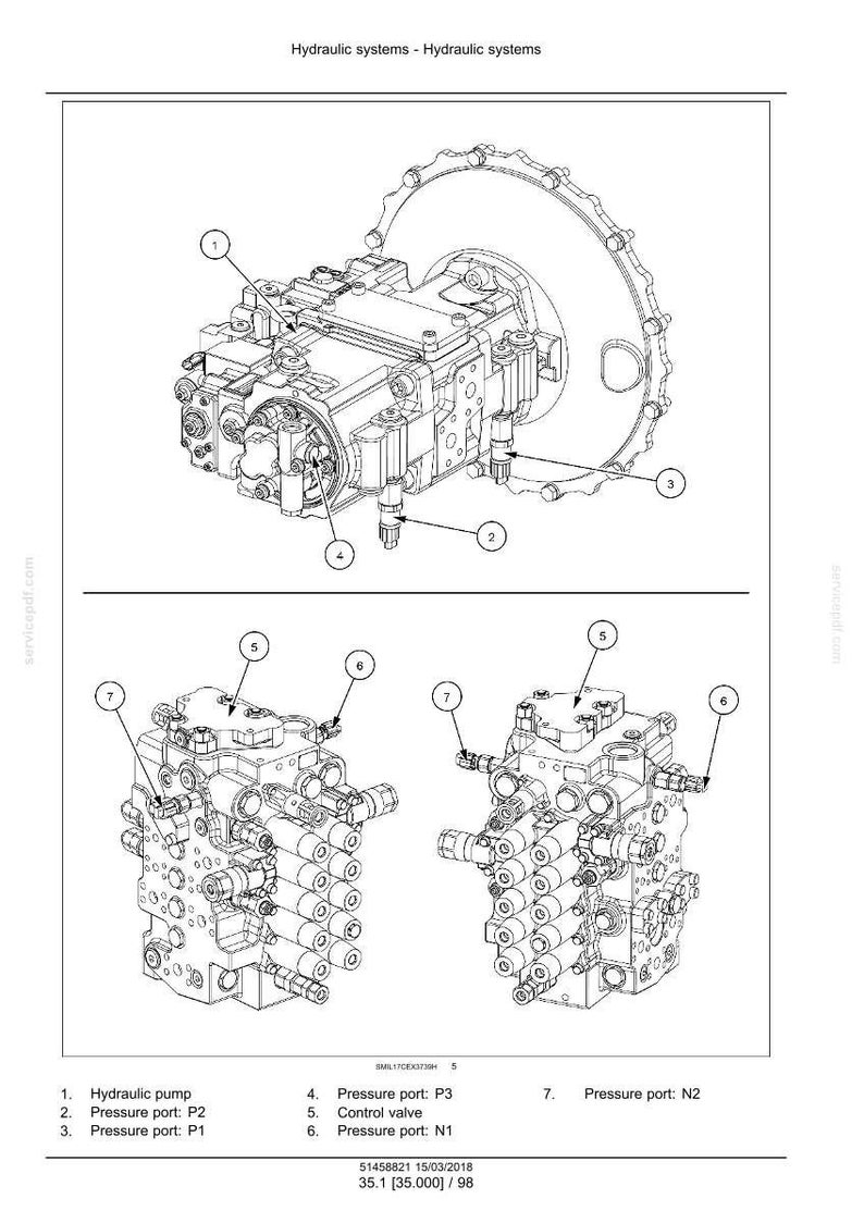 May include: Diagram of hydraulic systems, including a hydraulic pump, pressure ports, and control valve. The image is labeled with numbers and text, providing detailed information about the components and their functions. The diagram is in black and white.