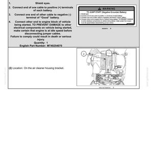 Pu&ograve; includere: Una pagina di documento tecnico intitolata 2-SAFETY INFORMATION contenente un'etichetta di avvertenza per l'avviamento di una batteria con messa a terra negativa. Include istruzioni numerate, il numero MT40254070 e un diagramma.