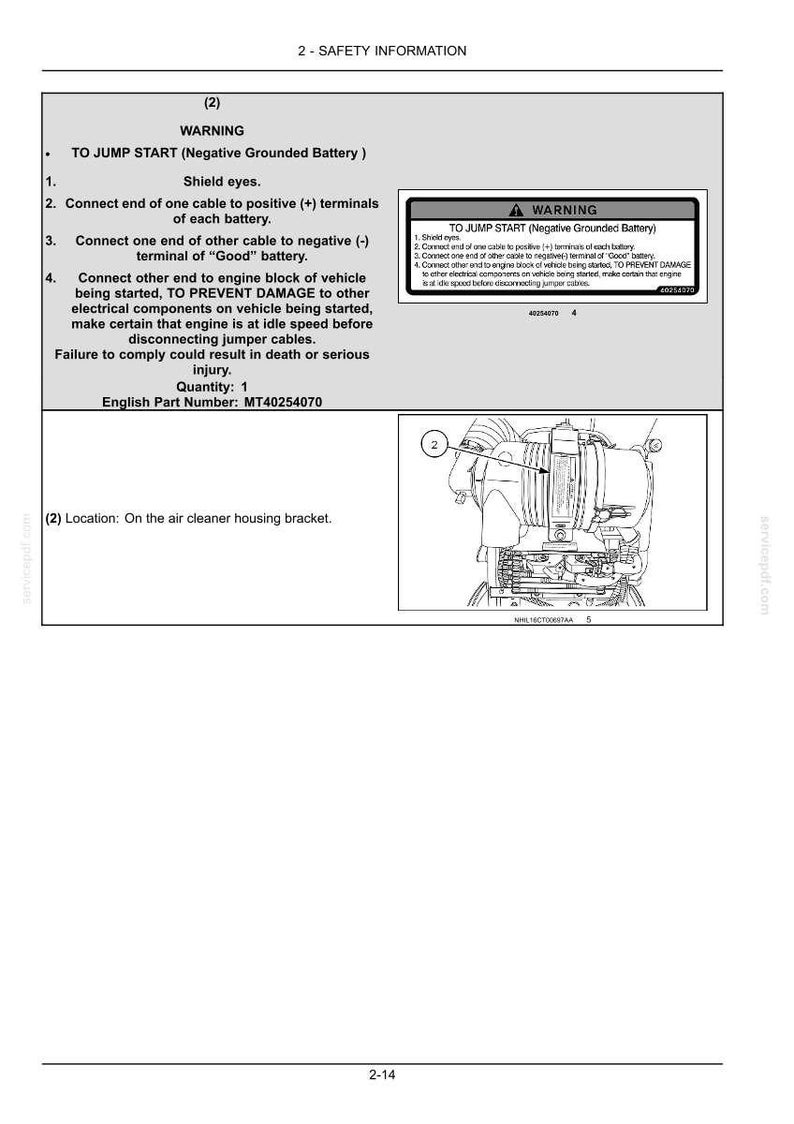 Pu&ograve; includere: Una pagina di documento tecnico intitolata 2-SAFETY INFORMATION contenente un'etichetta di avvertenza per l'avviamento di una batteria con messa a terra negativa. Include istruzioni numerate, il numero MT40254070 e un diagramma.