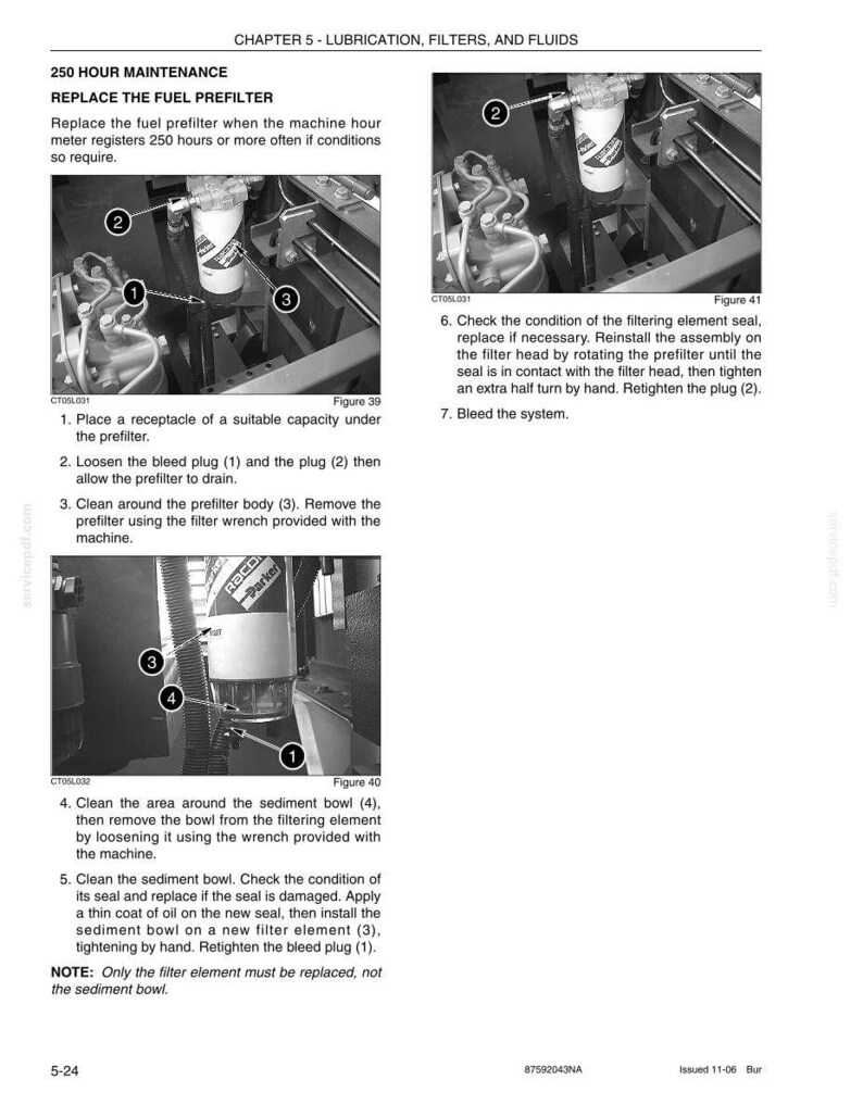 May include: Technical diagram illustrating fuel prefilter maintenance. Instructions include replacing the prefilter, cleaning the sediment bowl, and checking seals. The image features close-up views of machine components with numbered labels for each step.