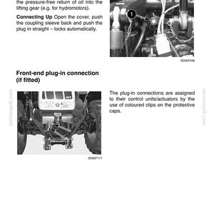 Op de afbeelding: Een pagina uit een technisch handboek getiteld OPERATIONAL USE met twee zwart-witafbeeldingen. De bovenste afbeelding toont een drukloze retourkoppeling met label 1. De onderste afbeelding toont een plug-in verbinding aan de voorzijde met pijlen.
