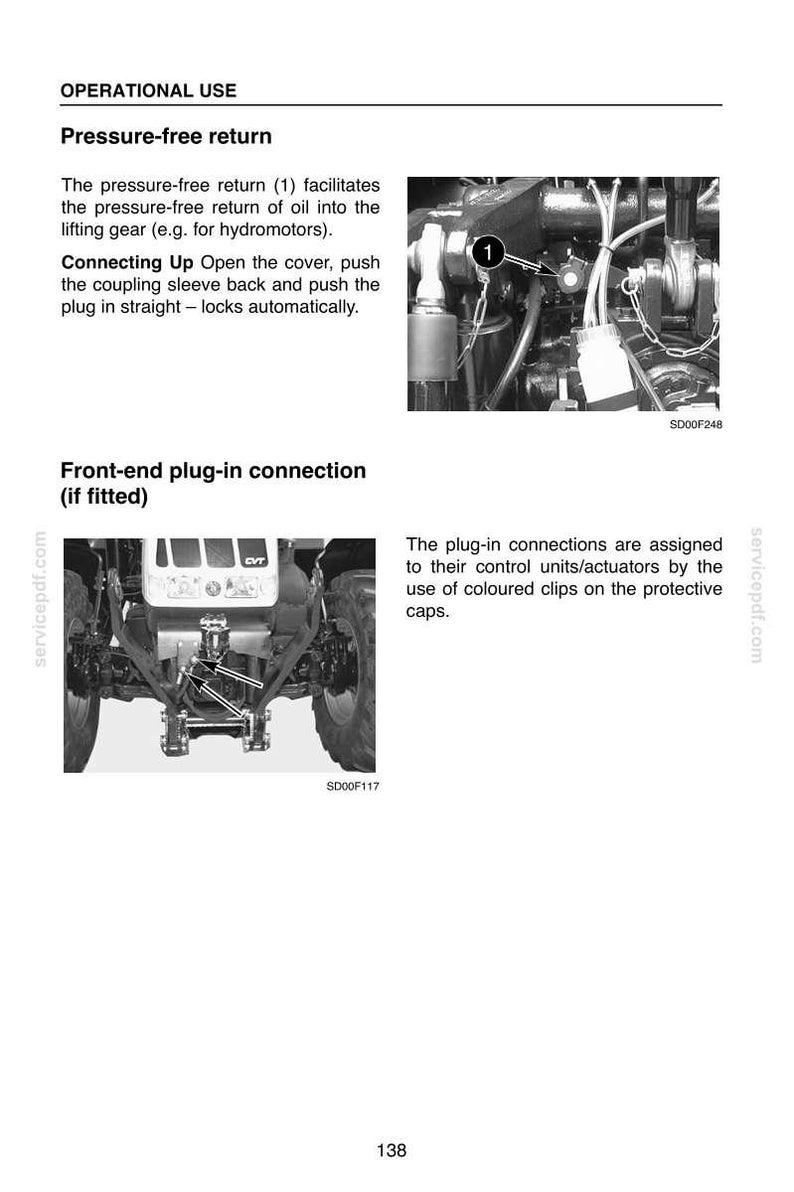Op de afbeelding: Een pagina uit een technisch handboek getiteld OPERATIONAL USE met twee zwart-witafbeeldingen. De bovenste afbeelding toont een drukloze retourkoppeling met label 1. De onderste afbeelding toont een plug-in verbinding aan de voorzijde met pijlen.