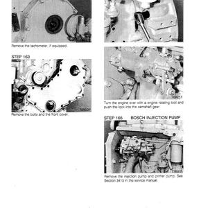 May include: Black and white technical diagrams from a service manual. Step-by-step instructions include removing the tachometer, bolts, front cover, and injection pump. The text also mentions the Bosch injection pump.