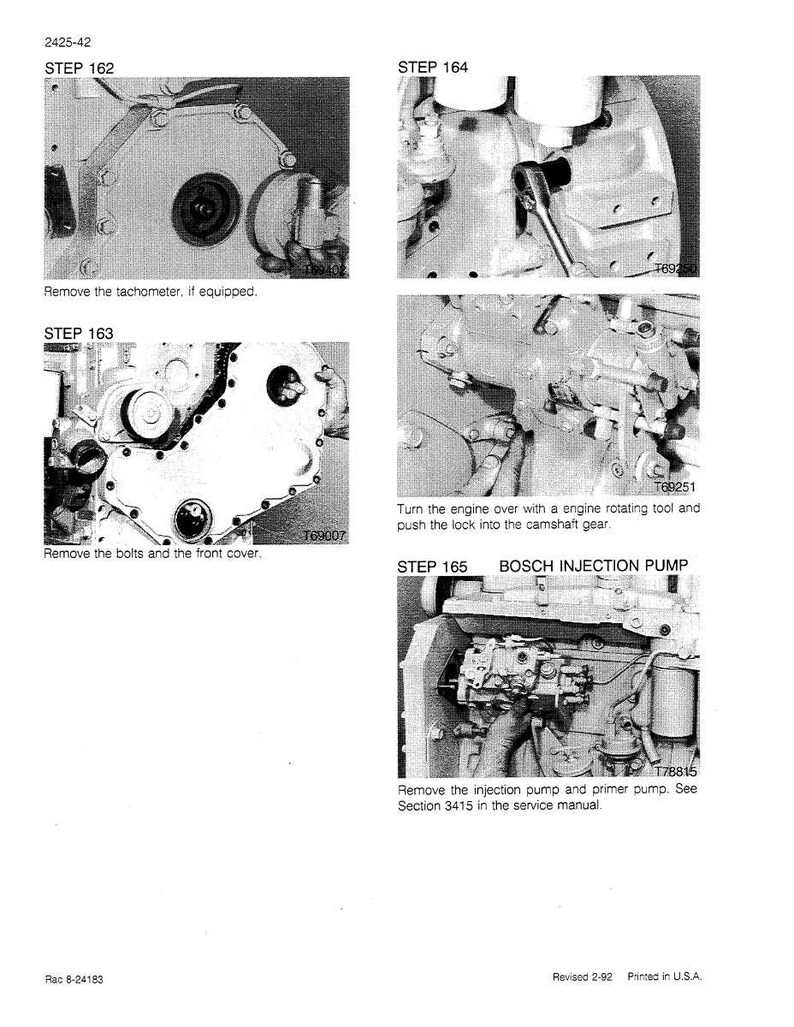 May include: Black and white technical diagrams from a service manual. Step-by-step instructions include removing the tachometer, bolts, front cover, and injection pump. The text also mentions the Bosch injection pump.