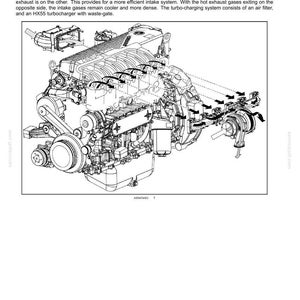 May include: Detailed diagram of an engine's air intake system, labeled "AIR INTAKE SYSTEM - Overview." The image shows the engine's components, including the cylinder head, turbocharger, and air filter. Text explains the system's design and function.