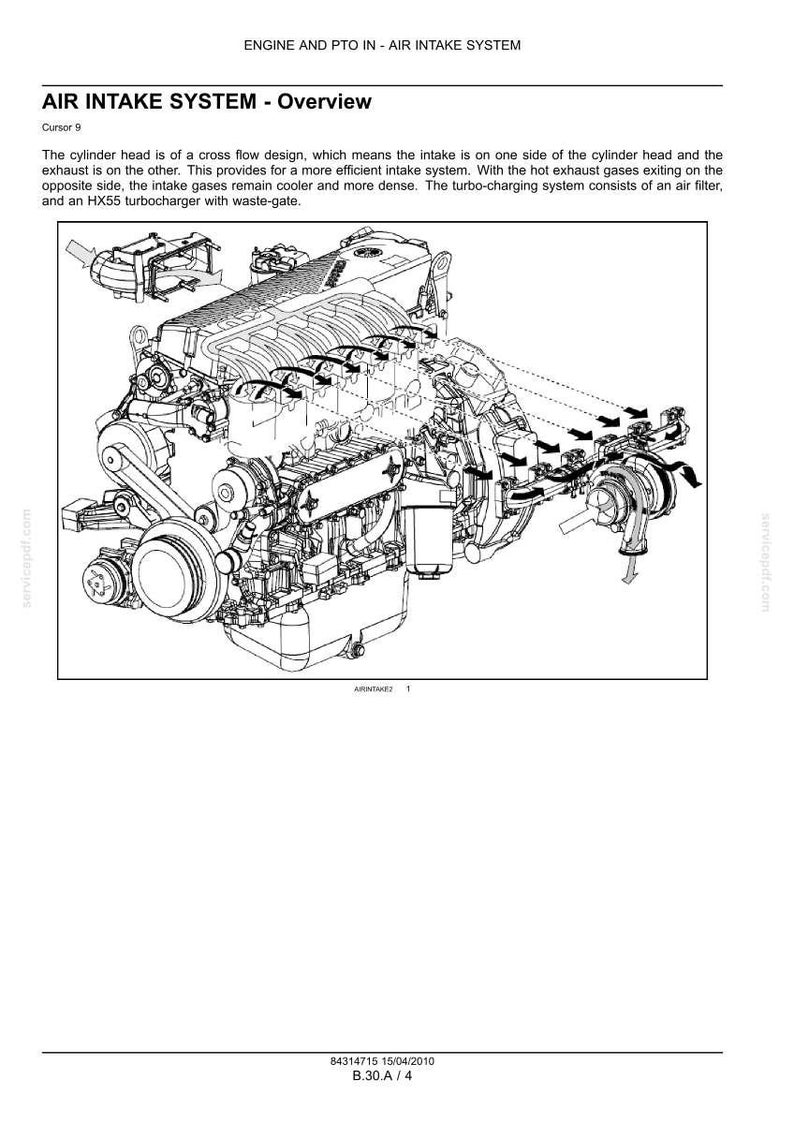 May include: Detailed diagram of an engine's air intake system, labeled "AIR INTAKE SYSTEM - Overview." The image shows the engine's components, including the cylinder head, turbocharger, and air filter. Text explains the system's design and function.