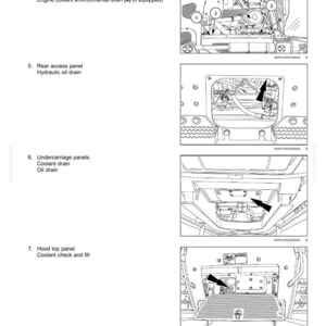 May include: Diagram of a machine's maintenance points, including the engine hood, rear access panel, undercarriage panels, and hood top panel. The image shows labeled components like the engine air cleaner, oil dipstick, and coolant drain, with arrows indicating specific locations.