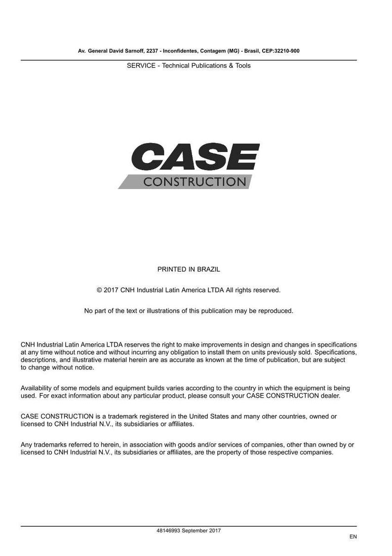 May include: White document with the "CASE CONSTRUCTION" logo in black. The document includes text about technical publications and tools, copyright information, and trademark details. Printed in Brazil.