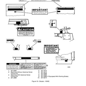 May include: A detailed diagram with warnings and instructions for machinery operation. The image includes text labels such as "IMPORTANT" and "CAUTION", along with numbered parts and a list of part numbers. The diagram is in black and white.