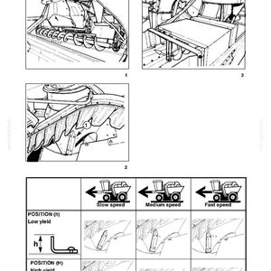 May include: Black and white technical diagrams of grape storage hoppers, including illustrations of machinery components and speed indicators. The diagrams show different hopper positions and yields, with labels for slow, medium, and fast speeds.