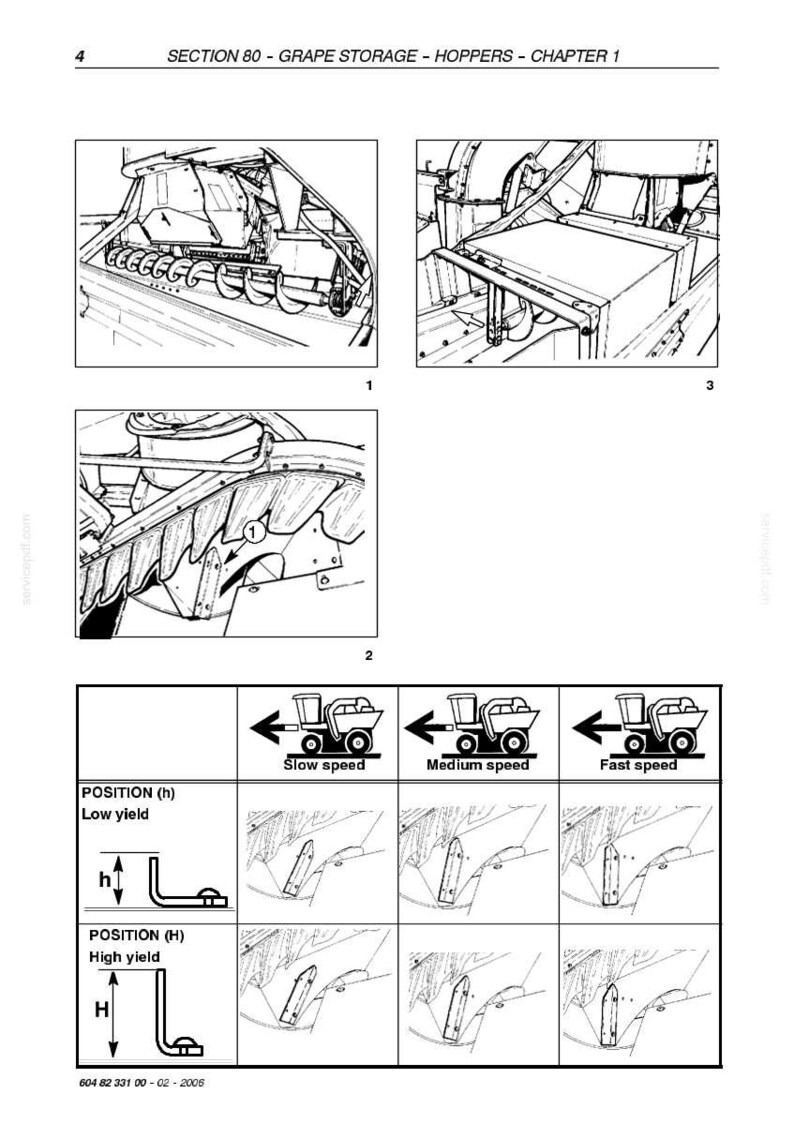 May include: Black and white technical diagrams of grape storage hoppers, including illustrations of machinery components and speed indicators. The diagrams show different hopper positions and yields, with labels for slow, medium, and fast speeds.