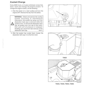 Pu&ograve; includere: Una pagina di manuale tecnico intitolata 6000 HOUR MAINTENANCE che descrive le procedure di sostituzione del liquido di raffreddamento per un trattore. Include istruzioni testuali, un riquadro di avvertenza e tre disegni al tratto in bianco e nero.