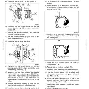 May include: Diagram of mechanical components with labels and instructions. Includes illustrations of bearing cones, retainers, and pivot pins. Text details assembly steps, measurements, and torque specifications for bolts.