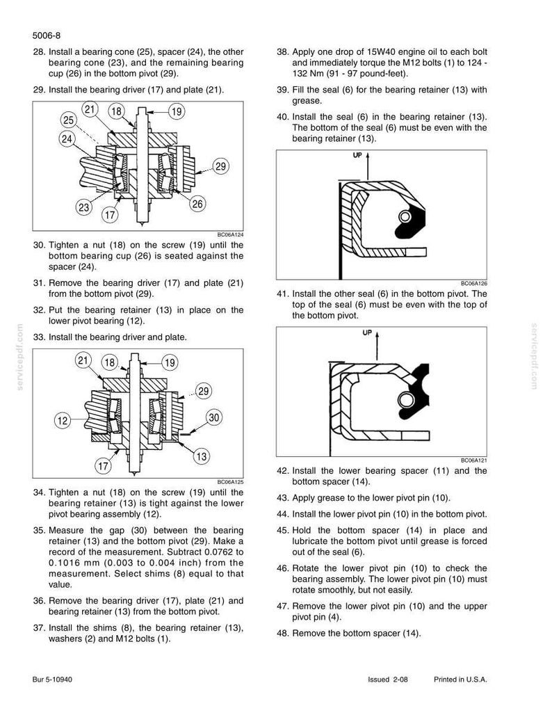 May include: Diagram of mechanical components with labels and instructions. Includes illustrations of bearing cones, retainers, and pivot pins. Text details assembly steps, measurements, and torque specifications for bolts.