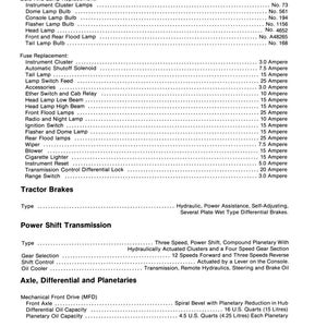 May include: A detailed page from a manual, titled "Electrical System." It lists bulb and lamp replacements, fuse replacements, and specifications for tractor brakes, power shift transmission, and axle components. Includes measurements in U.S. quarts and inches.