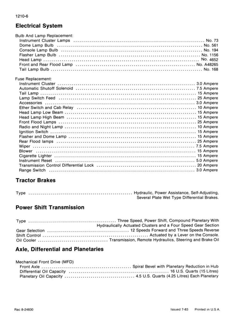 May include: A detailed page from a manual, titled "Electrical System." It lists bulb and lamp replacements, fuse replacements, and specifications for tractor brakes, power shift transmission, and axle components. Includes measurements in U.S. quarts and inches.
