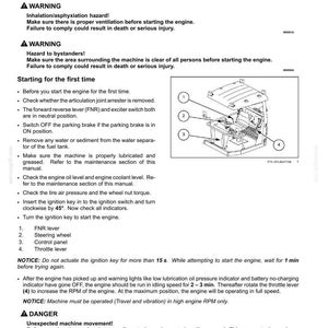 Puede incluir: Una p&aacute;gina de manual t&eacute;cnico titulada 4-OPERATING INSTRUCTIONS que detalla los procedimientos para arrancar una m&aacute;quina. Incluye advertencias de seguridad y un diagrama numerado del puesto de mando con la palanca FNR, el volante y el panel de control.