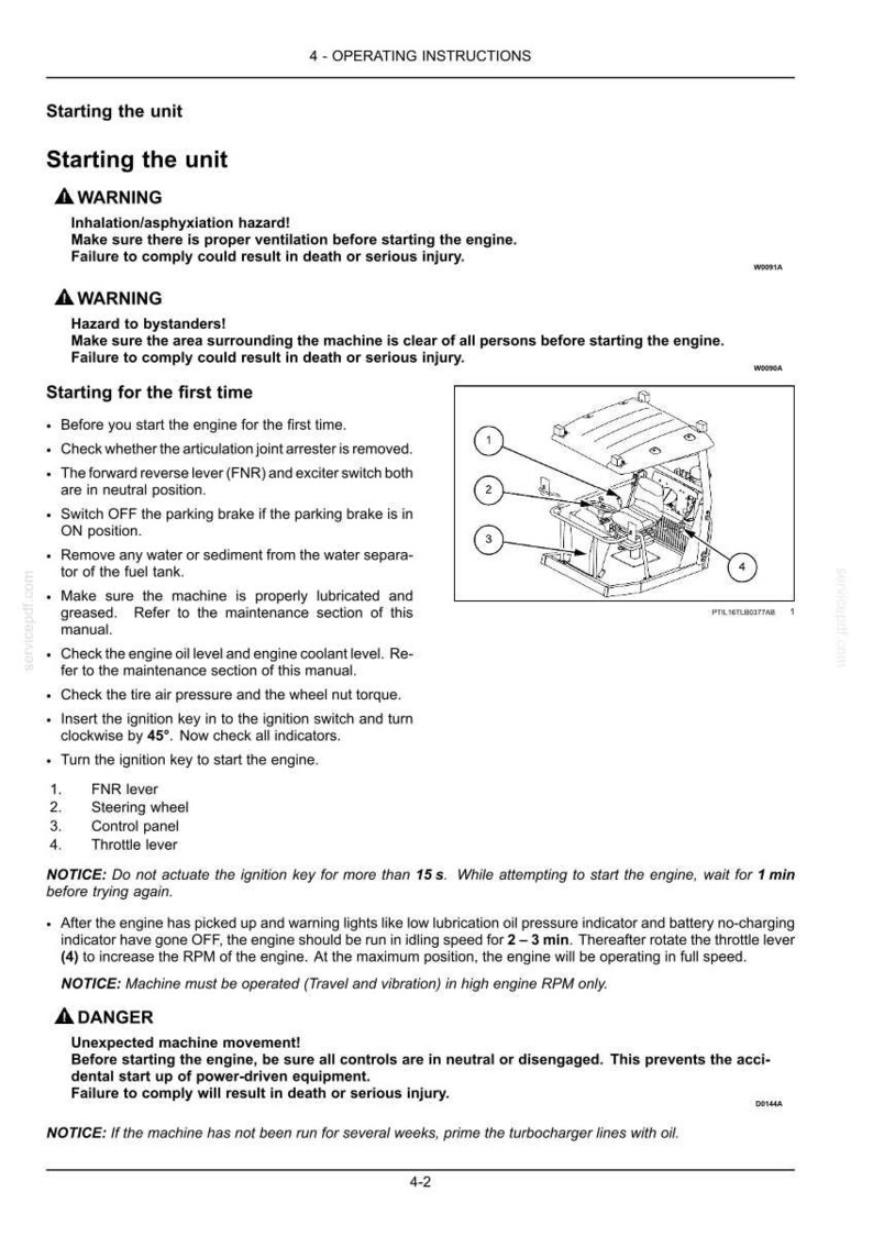 Puede incluir: Una p&aacute;gina de manual t&eacute;cnico titulada 4-OPERATING INSTRUCTIONS que detalla los procedimientos para arrancar una m&aacute;quina. Incluye advertencias de seguridad y un diagrama numerado del puesto de mando con la palanca FNR, el volante y el panel de control.