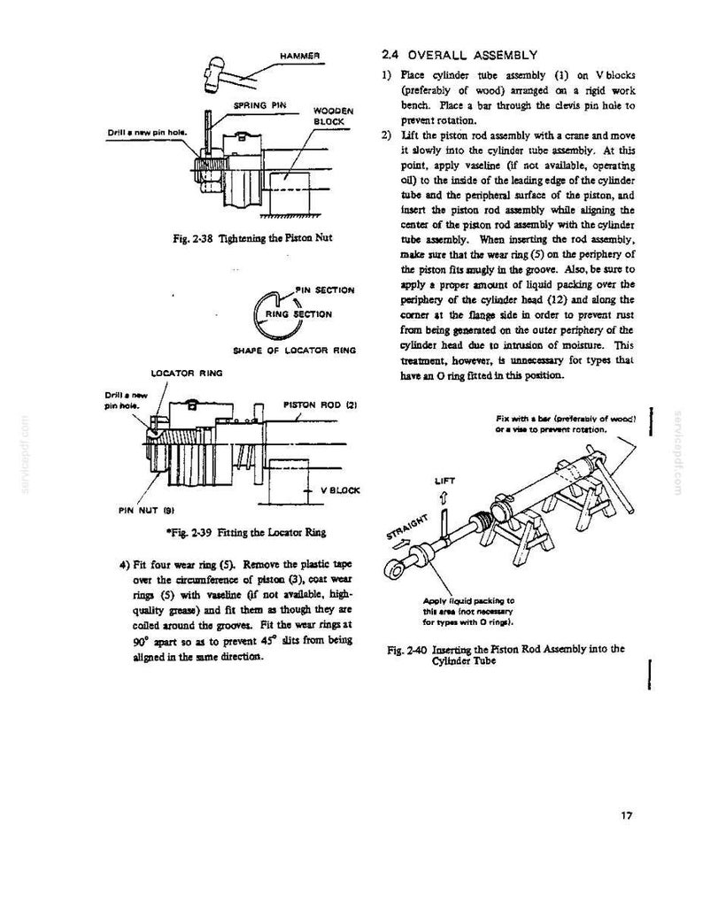Puede incluir: Una p&aacute;gina de manual t&eacute;cnico con dibujos lineales en blanco y negro e instrucciones de texto para el montaje mec&aacute;nico. Los diagramas ilustran el apriete de una tuerca de pist&oacute;n, el ajuste de un anillo localizador y la inserci&oacute;n de un v&aacute;stago.