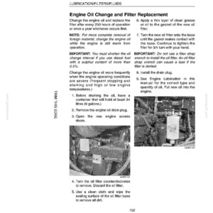 May include: A page from a manual detailing engine oil change and filter replacement. The text includes instructions, safety notes, and diagrams. The page is from a service manual.