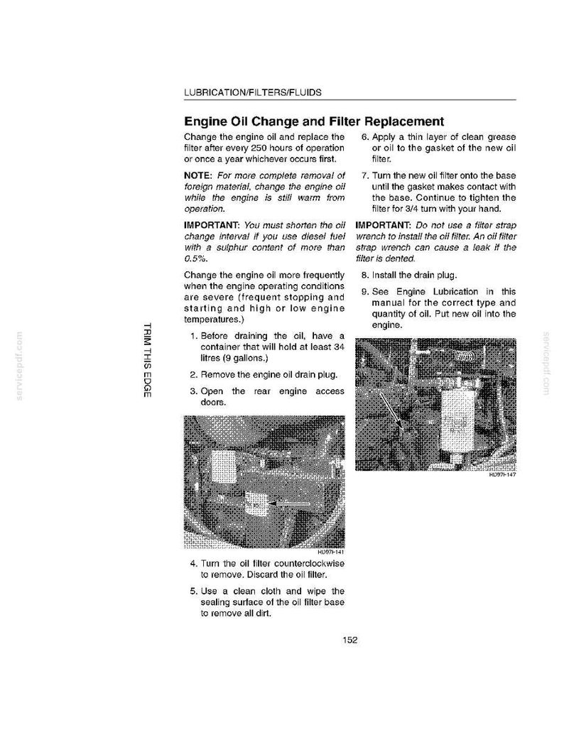 May include: A page from a manual detailing engine oil change and filter replacement. The text includes instructions, safety notes, and diagrams. The page is from a service manual.