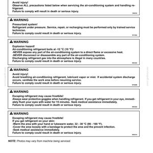 May include: Air conditioning system safety warnings and instructions are displayed on a white background. The text includes danger and warning notices about refrigerant handling, frostbite, and explosion hazards. The document is for air conditioning connect.