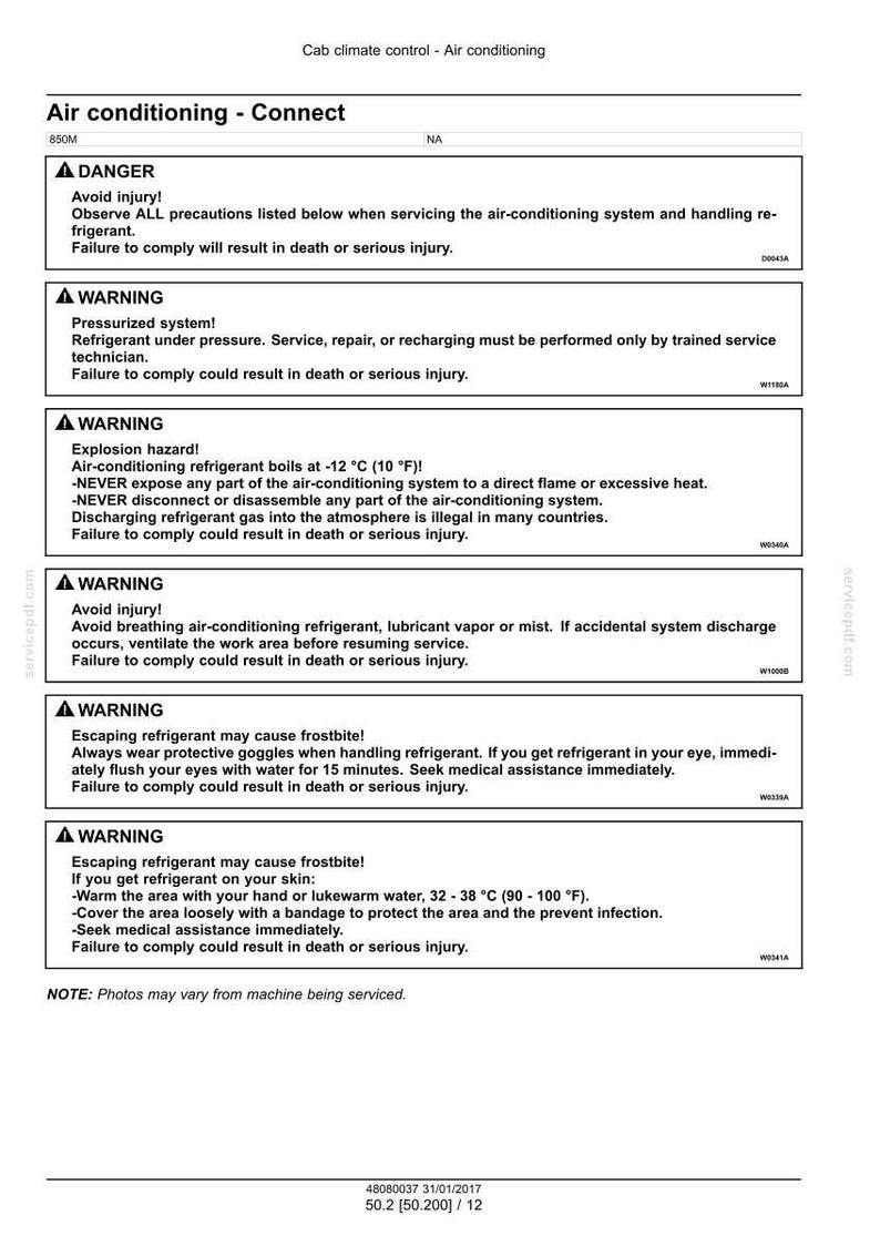 May include: Air conditioning system safety warnings and instructions are displayed on a white background. The text includes danger and warning notices about refrigerant handling, frostbite, and explosion hazards. The document is for air conditioning connect.