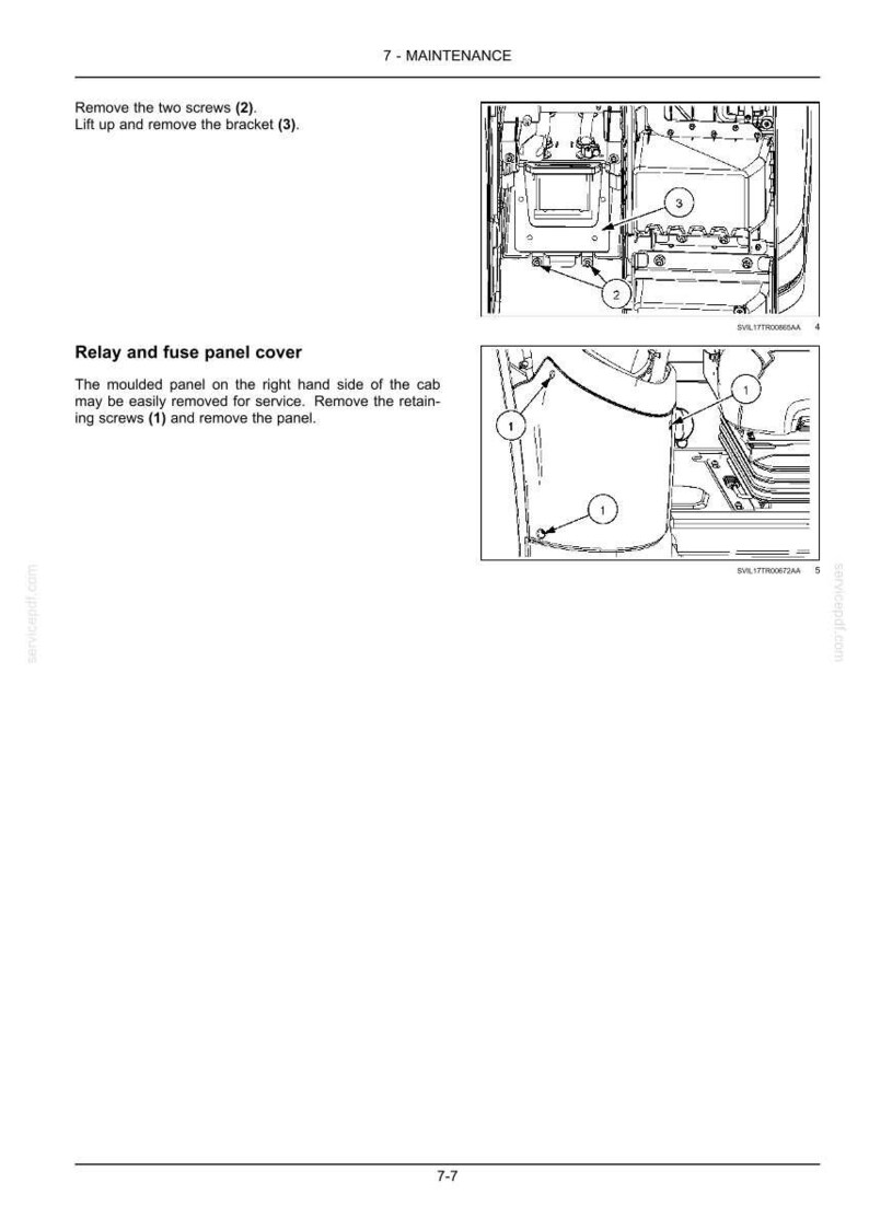 May include: A technical manual page titled 7 - MAINTENANCE featuring two black and white line drawings. The first shows a bracket labeled 3 and screws labeled 2. The second shows a relay and fuse panel cover with screws labeled 1 for removal.