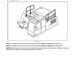Puede incluir: Diagrama de una m&aacute;quina con barandillas instaladas en los bordes del bastidor superior. El texto indica que la altura de la barandilla es de 3120 mm para CX220C LC y 3180 mm para CX220C NLC.